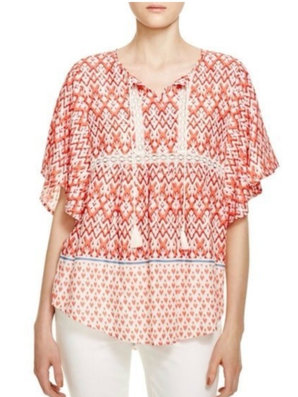 BeachLunchLounge Boho Tie-Front Flutter Sleeve Top - Coral Print “Beyoncé” ikat